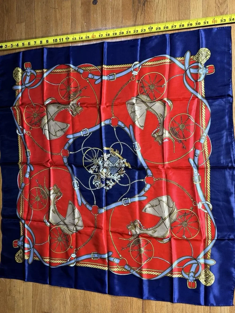 Vintage Equestrian Carriage Scarf 34” Square Red Navy Gold Harness Print